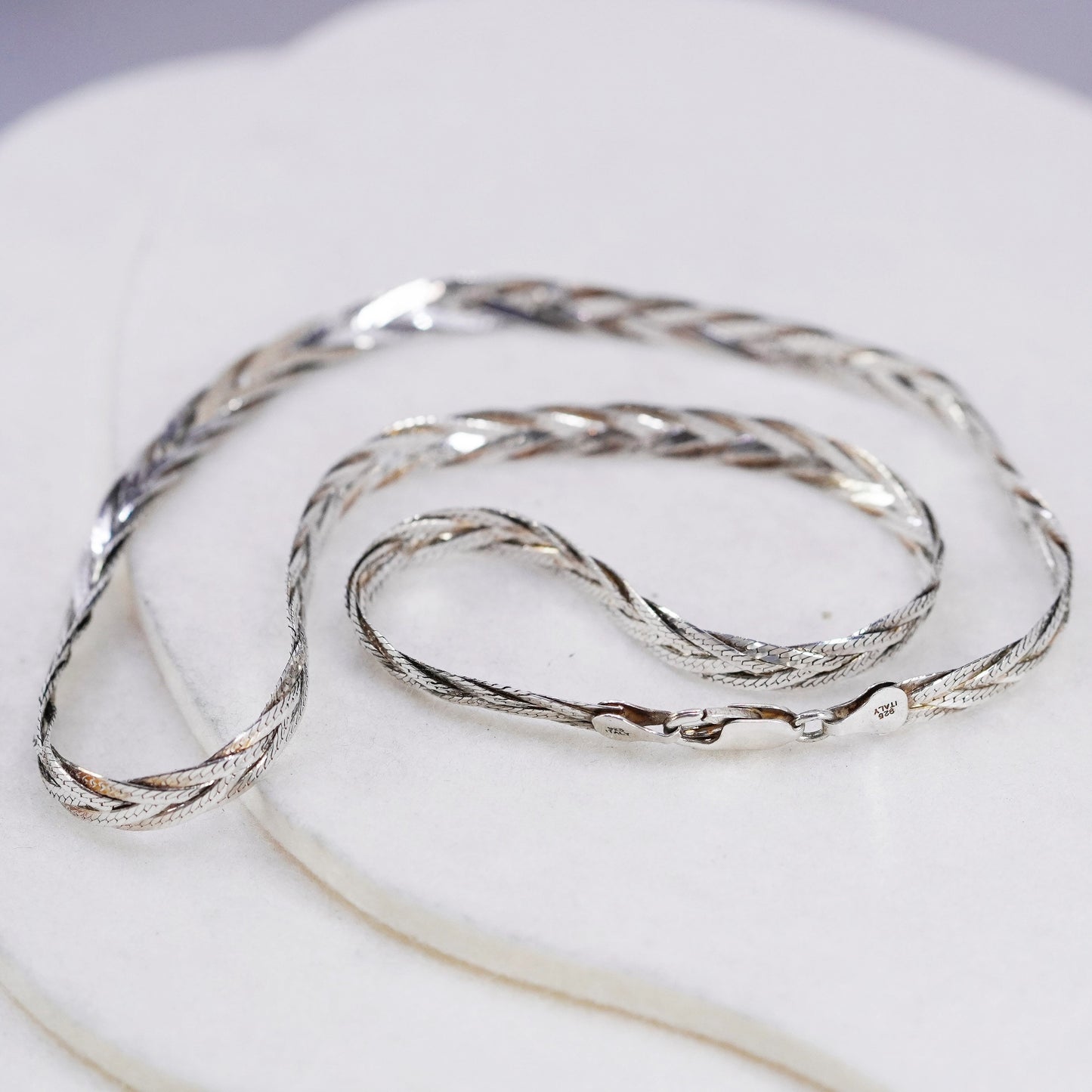 20”, vintage Italy Sterling 925 silver woven braided herringbone chain necklace