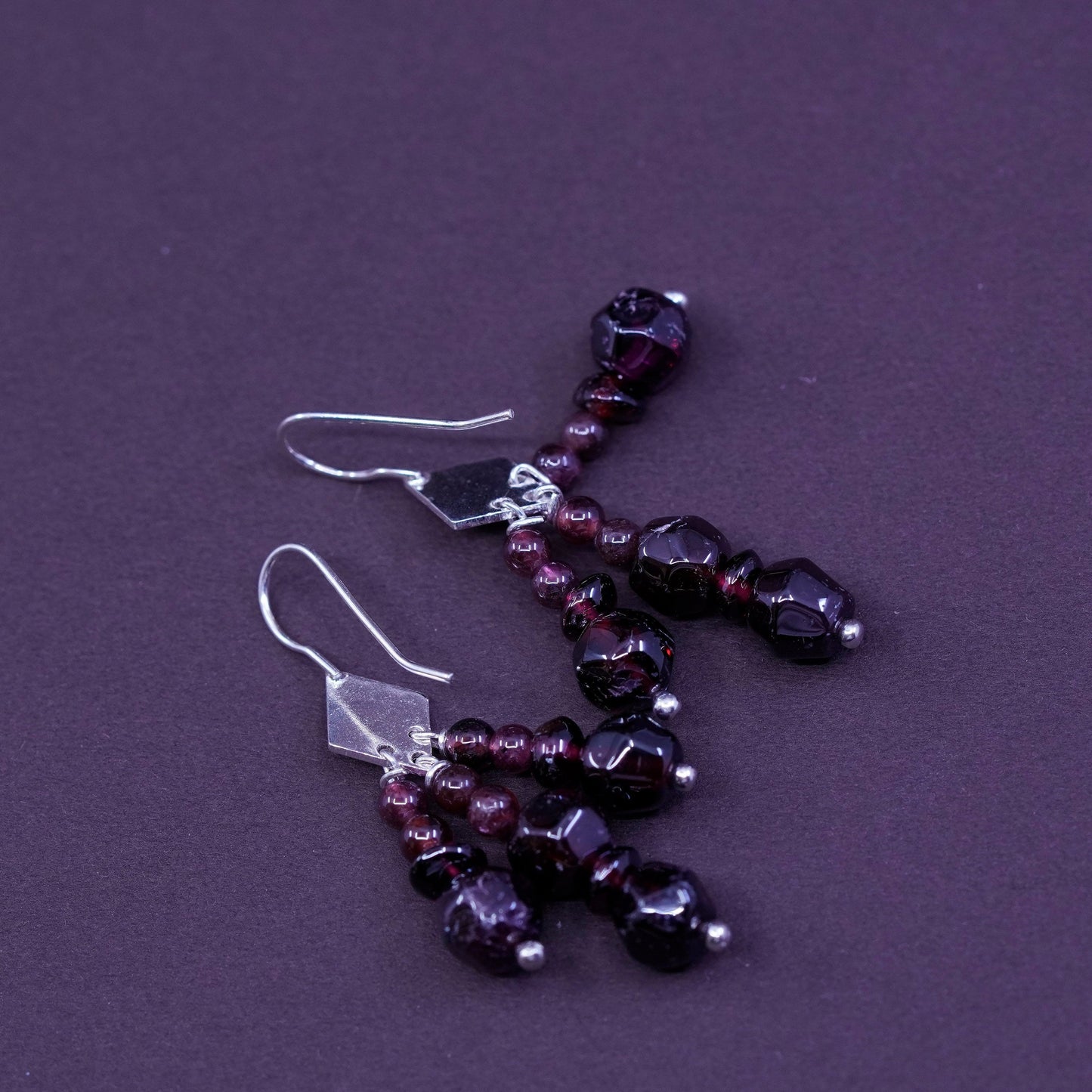 Vintage Sterling silver handmade earrings, 925 disc with garnet beads