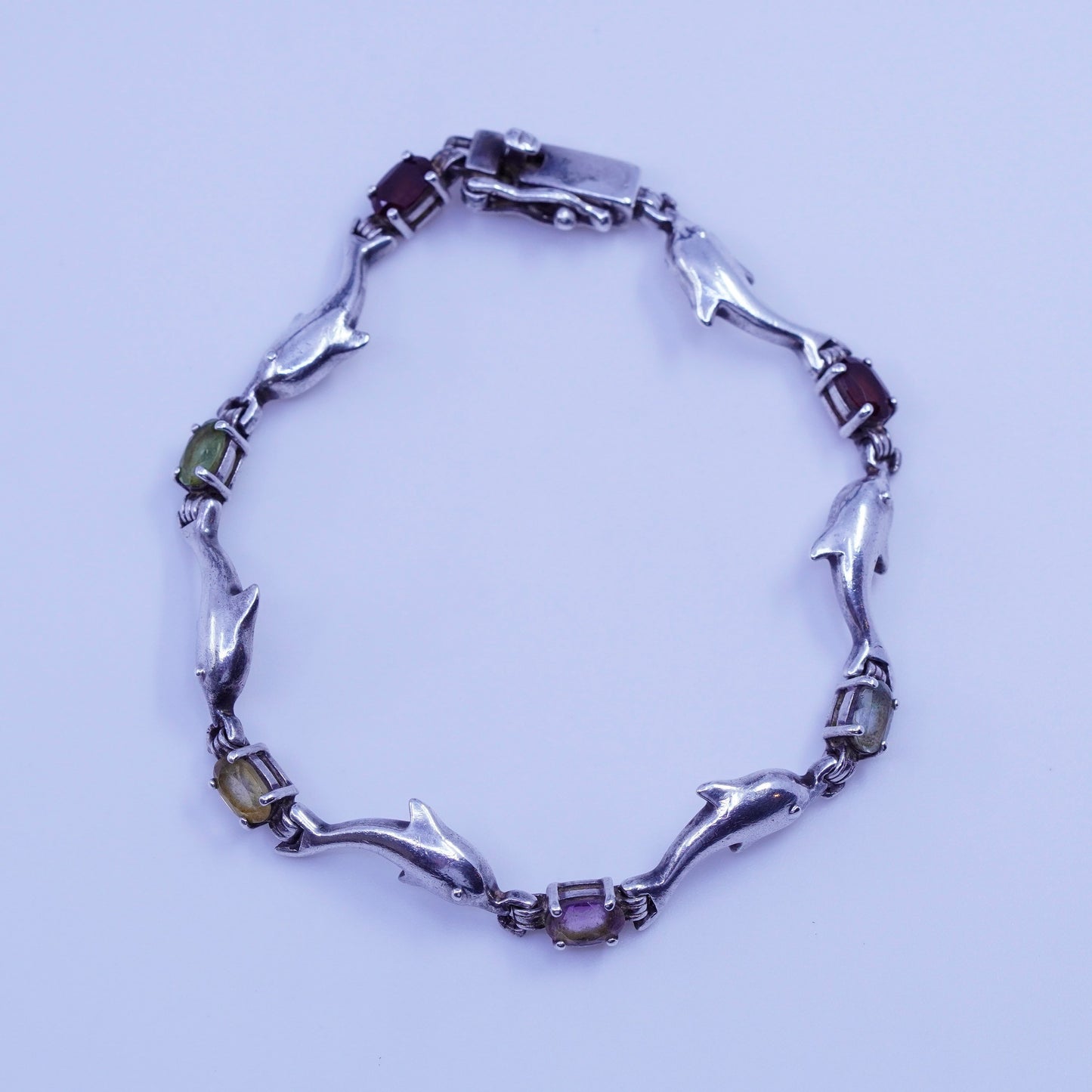 7”, Sterling 925 silver tennis bracelet dolphin topaz ruby amethyst peridot