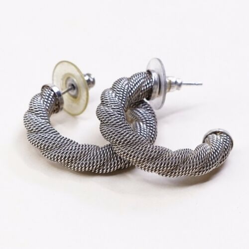 1”, Vtg 925 Sterling Silver Handmade Mesh Hoop Earrings, 925 Studs huggie