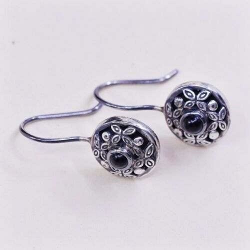 Vtg ATI Sterling Silver Handmade Earrings, 925 Circle W/ Obsidian N Bali