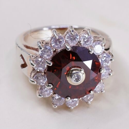 Sz 8, Vtg Vermeil Gold Sterling silver Statement ring, 925 Crown W/ Ruby N Cz