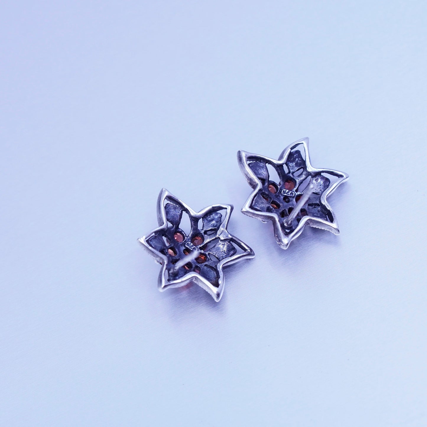 vtg Sterling 925 silver handmade earrings, flower studs with ruby and Marcasite