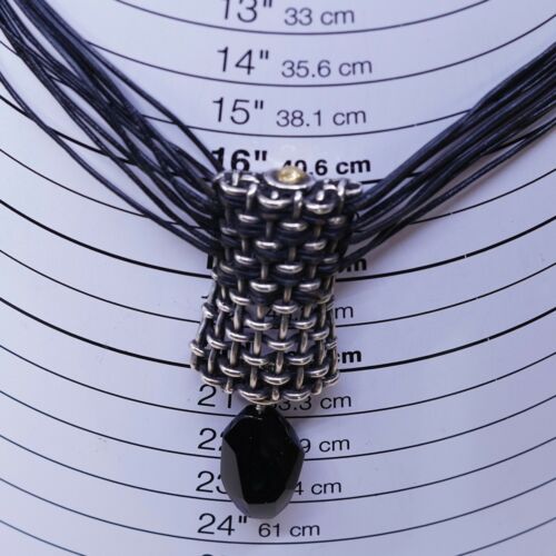 14”+2”, Vtg Mexico Handmade Sterling 925 Silver Pendant W/ Black Leather Chain