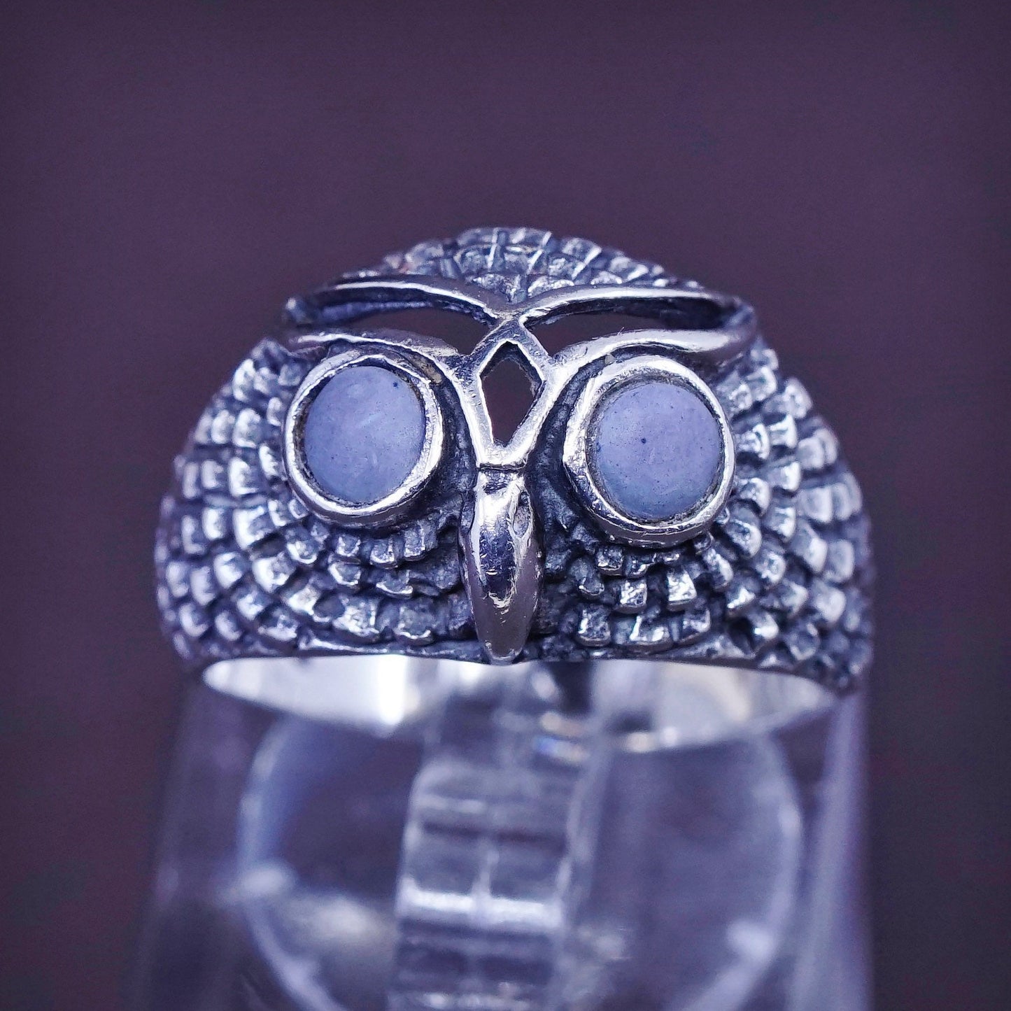 Size 7, vtg Sterling 925 silver handmade statement owl band ring with lapis