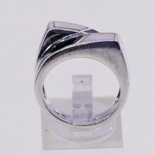 Sz 7.5, Vtg Sterling Silver Handmade Ring, 925 Band W MOP N Obsidian Inlay