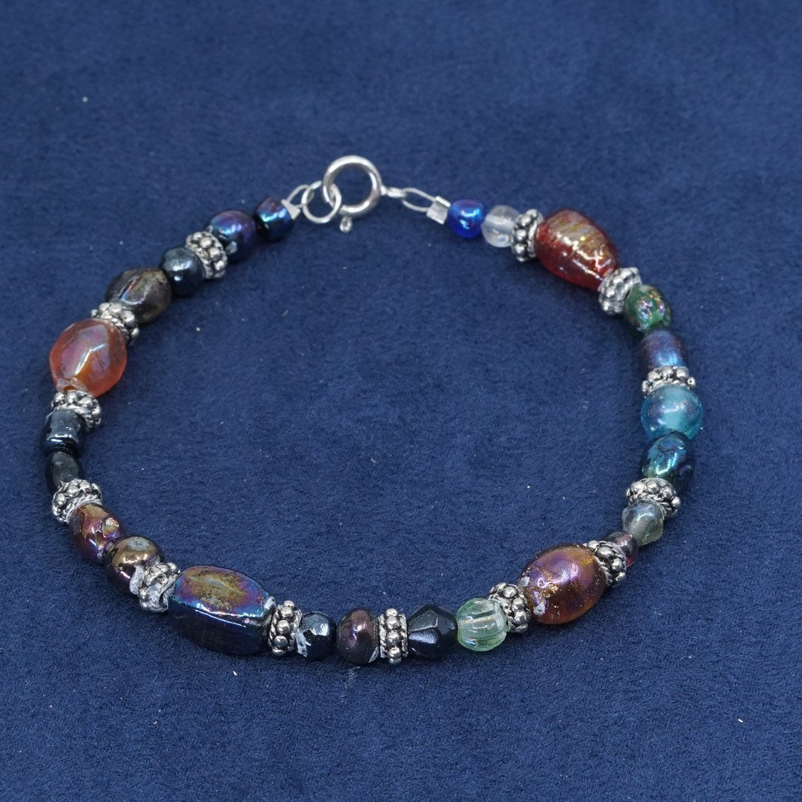 7.5", vtg handmade sterling silver bracelet, colorful glass beads, stamped 925