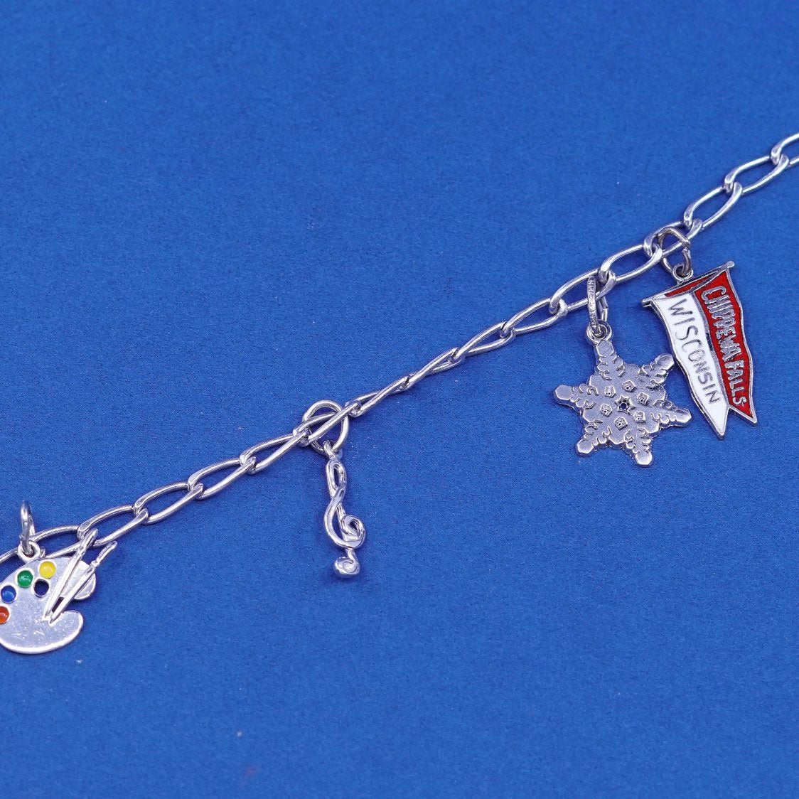 6.5", vtg Sterling silver handmade bracelet, 925 elongated chain w/ 5 charms