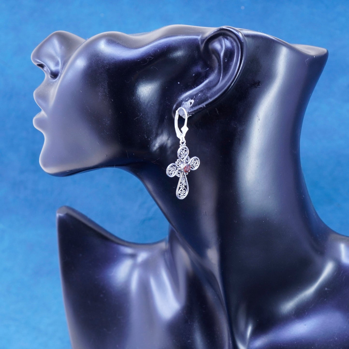 Vintage Sterling silver handmade earrings, 925 filigree cross with ruby