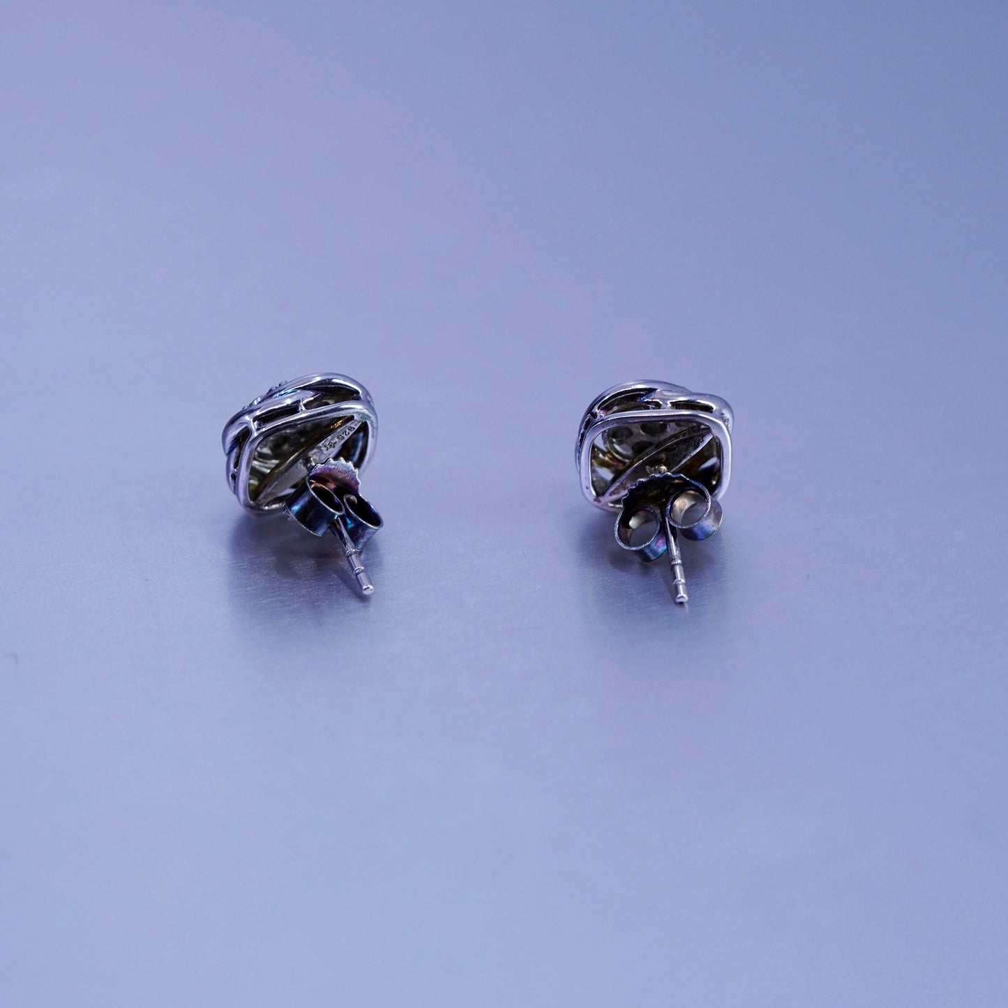 Vintage Sterling 925 silver earrings, entwined studs with diamond inlay