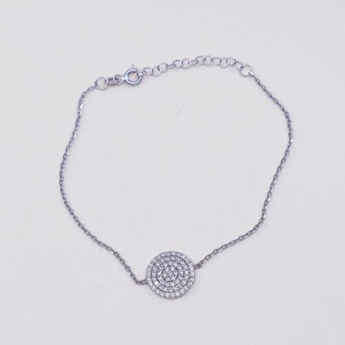7.25” Vtg Sterling Silver Handmade Bracelet, 925 Circle W/ Cluster Cz Charm