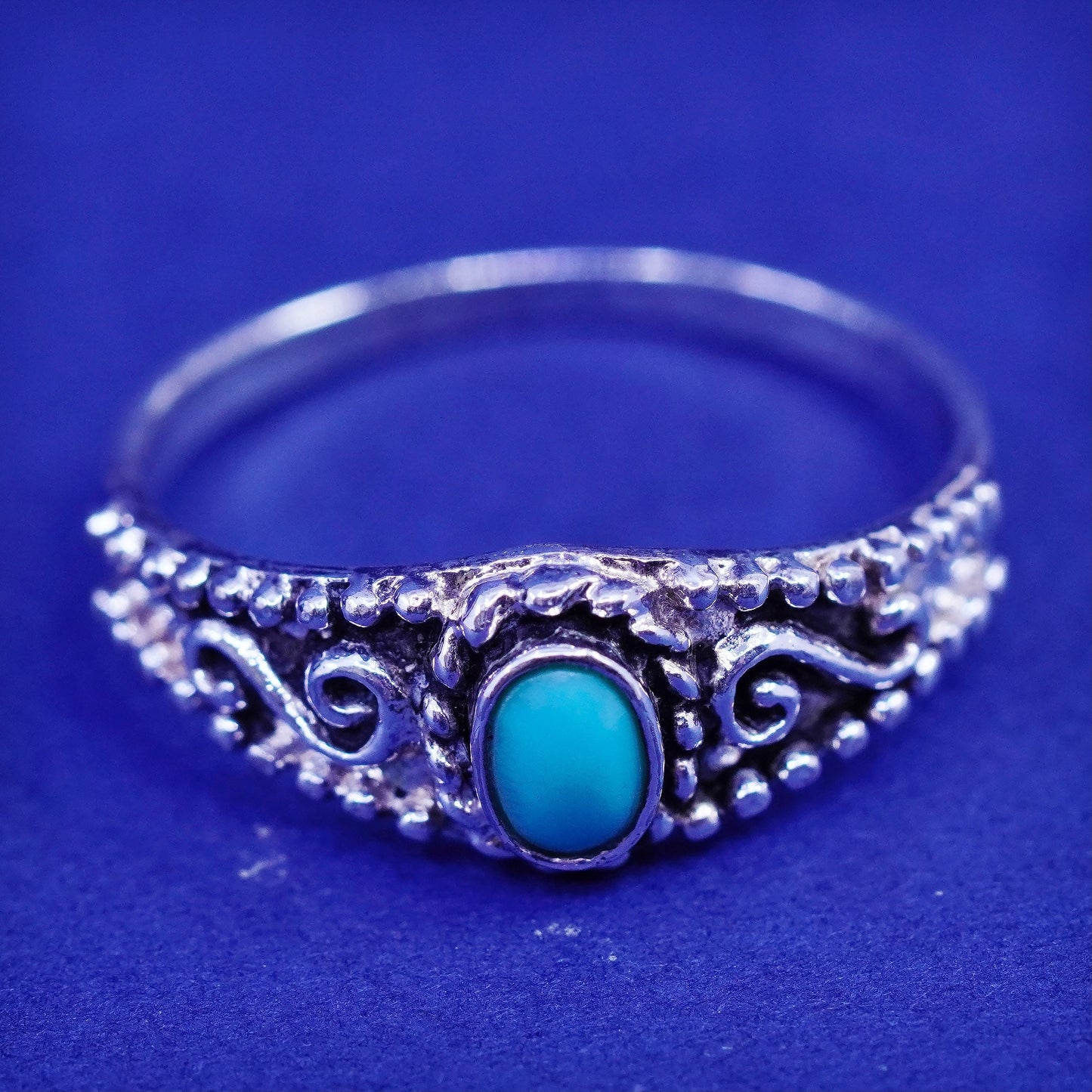 Size 8, vintage sterling silver handmade ring, 925 filigree band with blue onyx