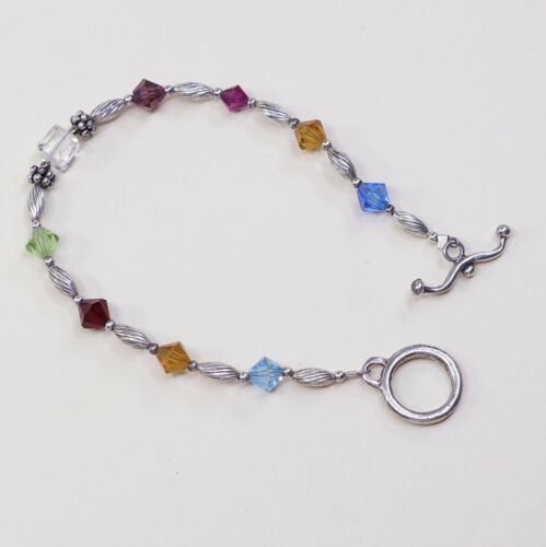 6.5”, Vtg Sterling Silver Handmade Bracelet, 925 Silver Toggle W/ Crystal Beads