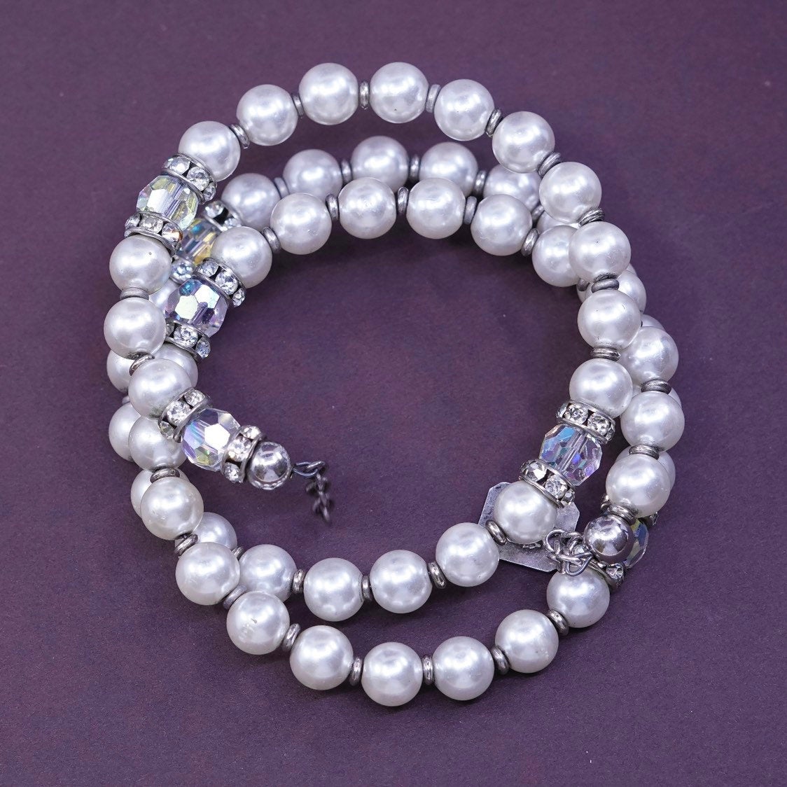 7" pearl beads wrap bangle bracelet with sterling 925 silver Jesus charm