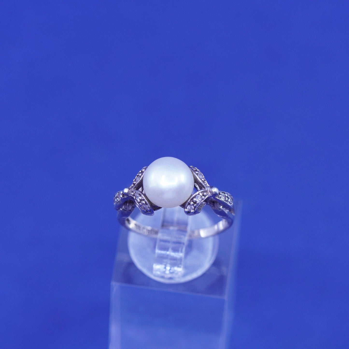 Size 6.5, sterling 925 silver handmade statement ring with pearl and diamond