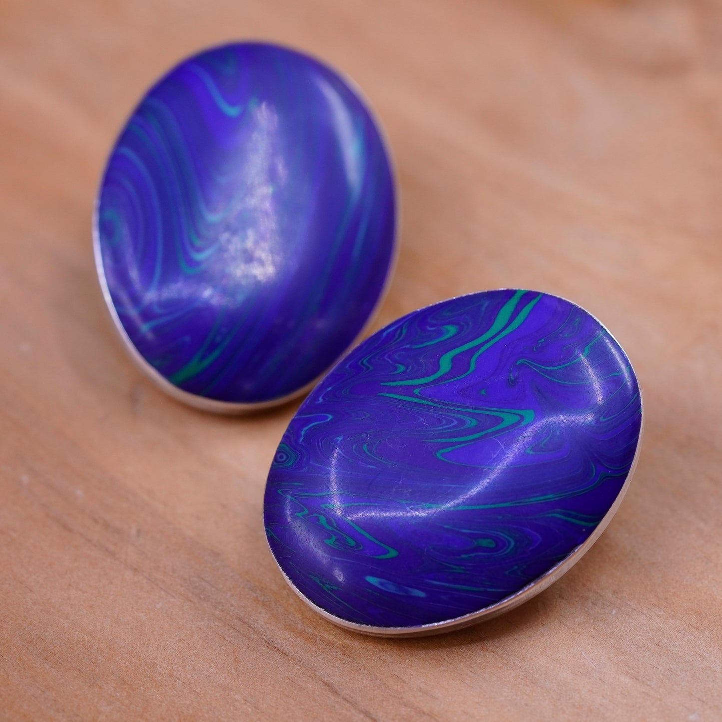 Mexico Sterling silver handmade clip on, 925 modern oval earrings blue resin