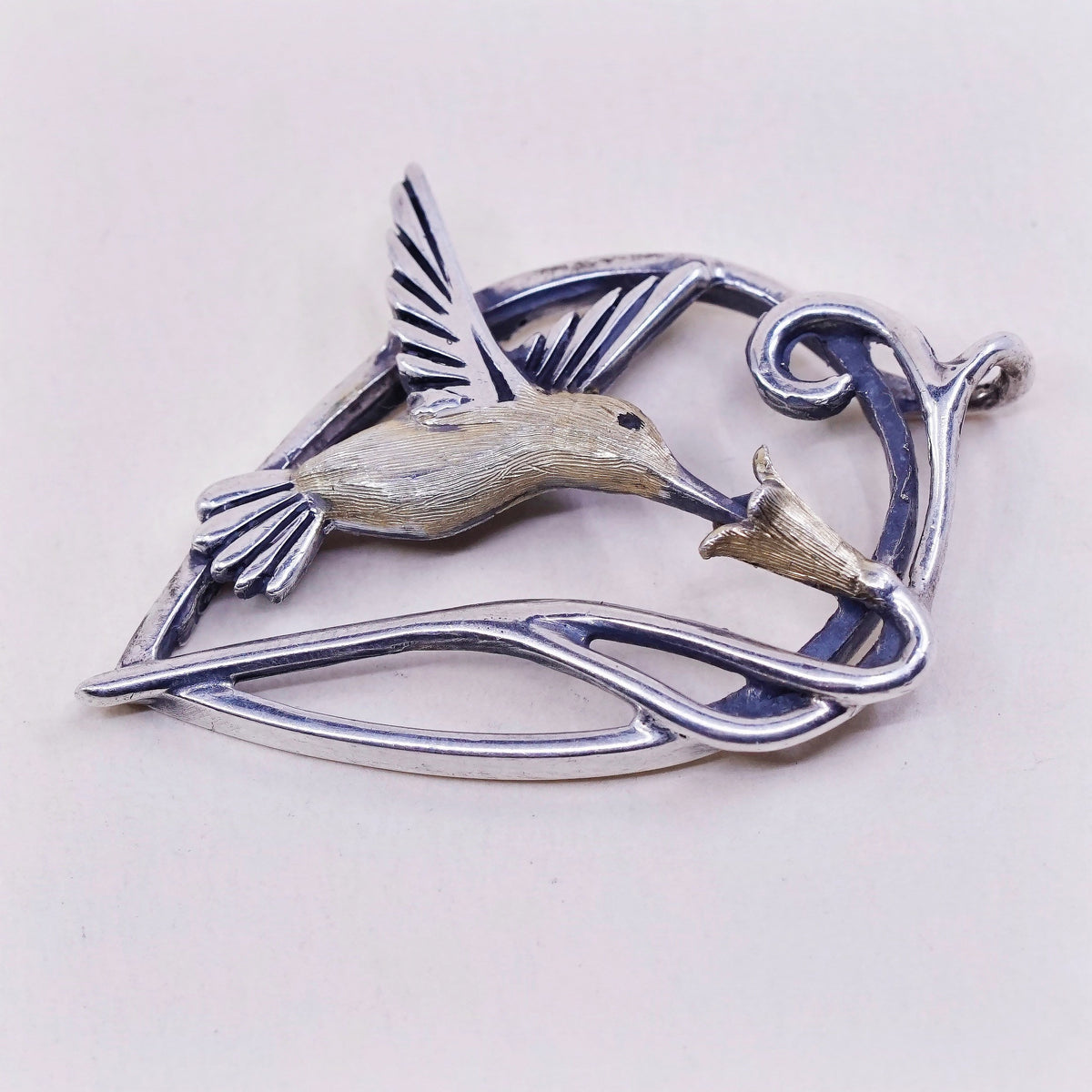 vtg S Tusse Sterling 925 silver pendant, hummingbird with flower and enamel