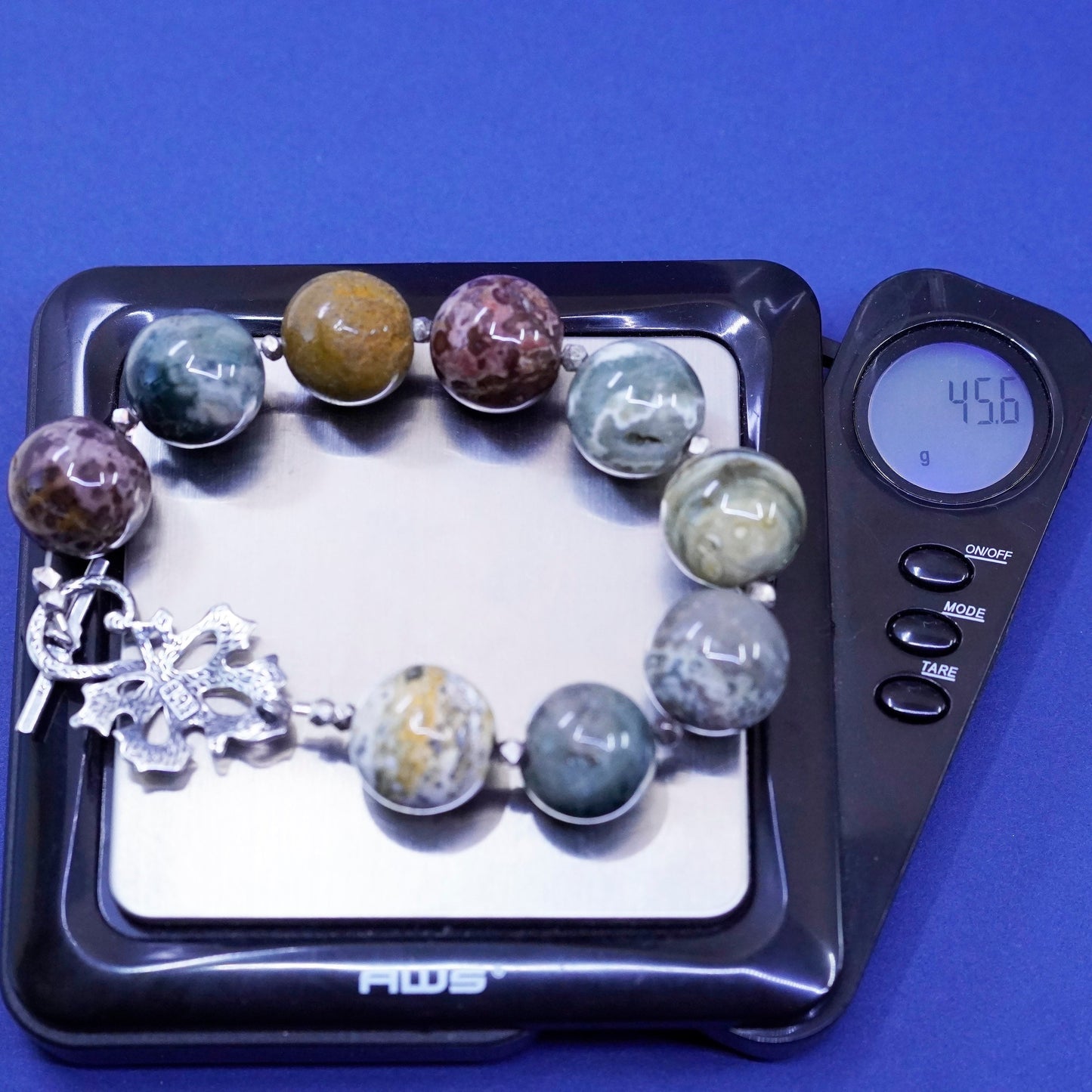 6.75”, sterling silver handmade bracelet, huge genuine agate beads 925 leafy