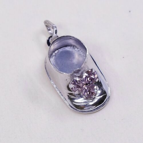 Vtg Beau Sterling Silver Handmade Pendant, 925 silver Shoe W/ Pink Heart Cz