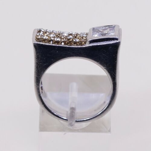 Sz 7, Vtg Sterling Silver Handmade Ring, 925 Silver Statement Band W/ Cluster Cz