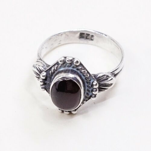 Sz 6, Vtg Sterling Silver Handmade Ring, 925 Band W Garnet N Bali Beads