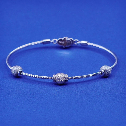 7”, stainless steel cable bracelet with Sterling 925 silver glittering beads