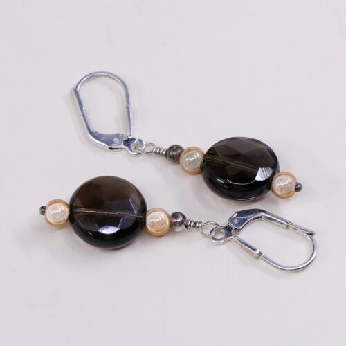 Vtg STERLING 925 SILVER Handmade Lever Back earrings with Smoky Crystal dangles