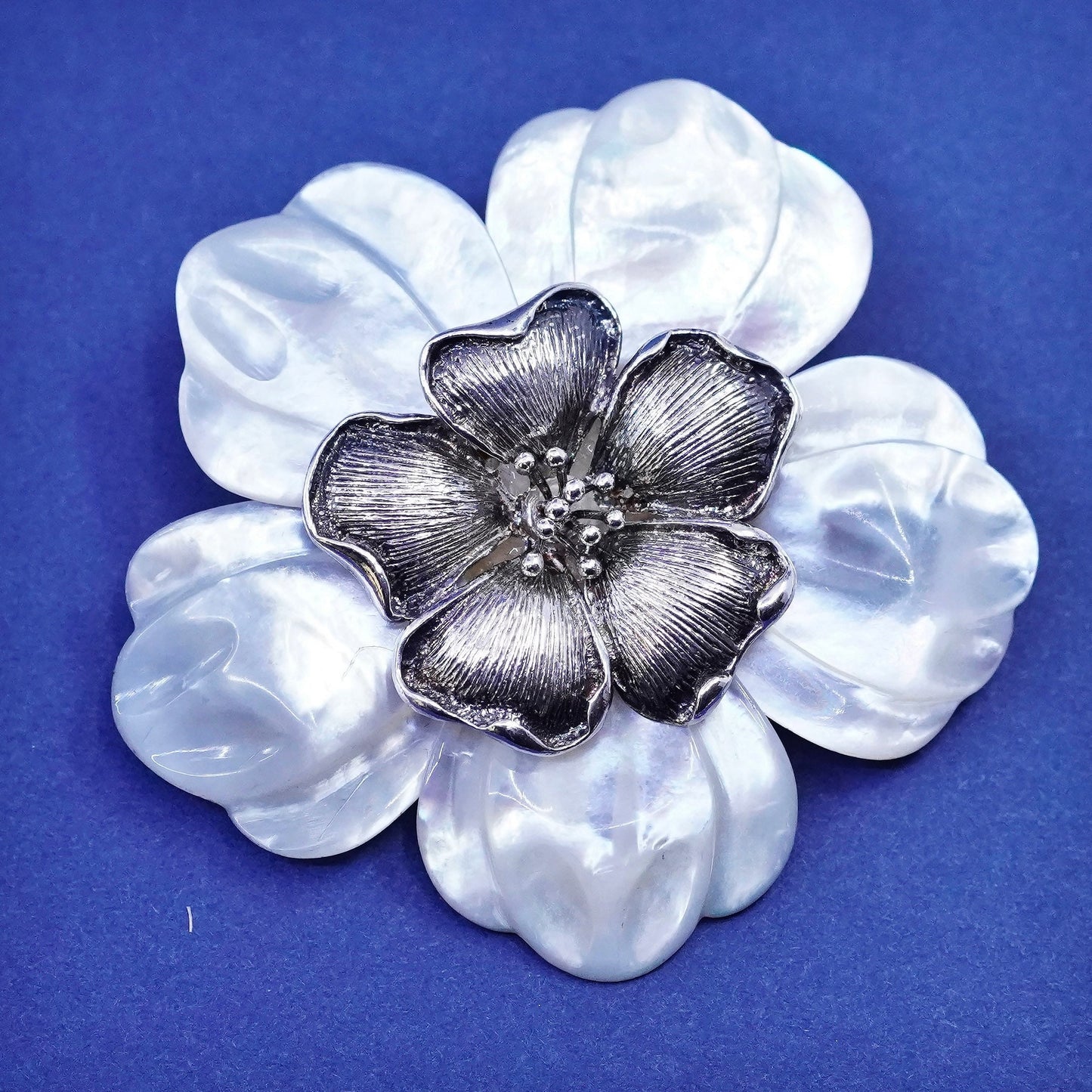 Vintage BJ sterling 925 silver handmade brooch pendant mother of pearl flower