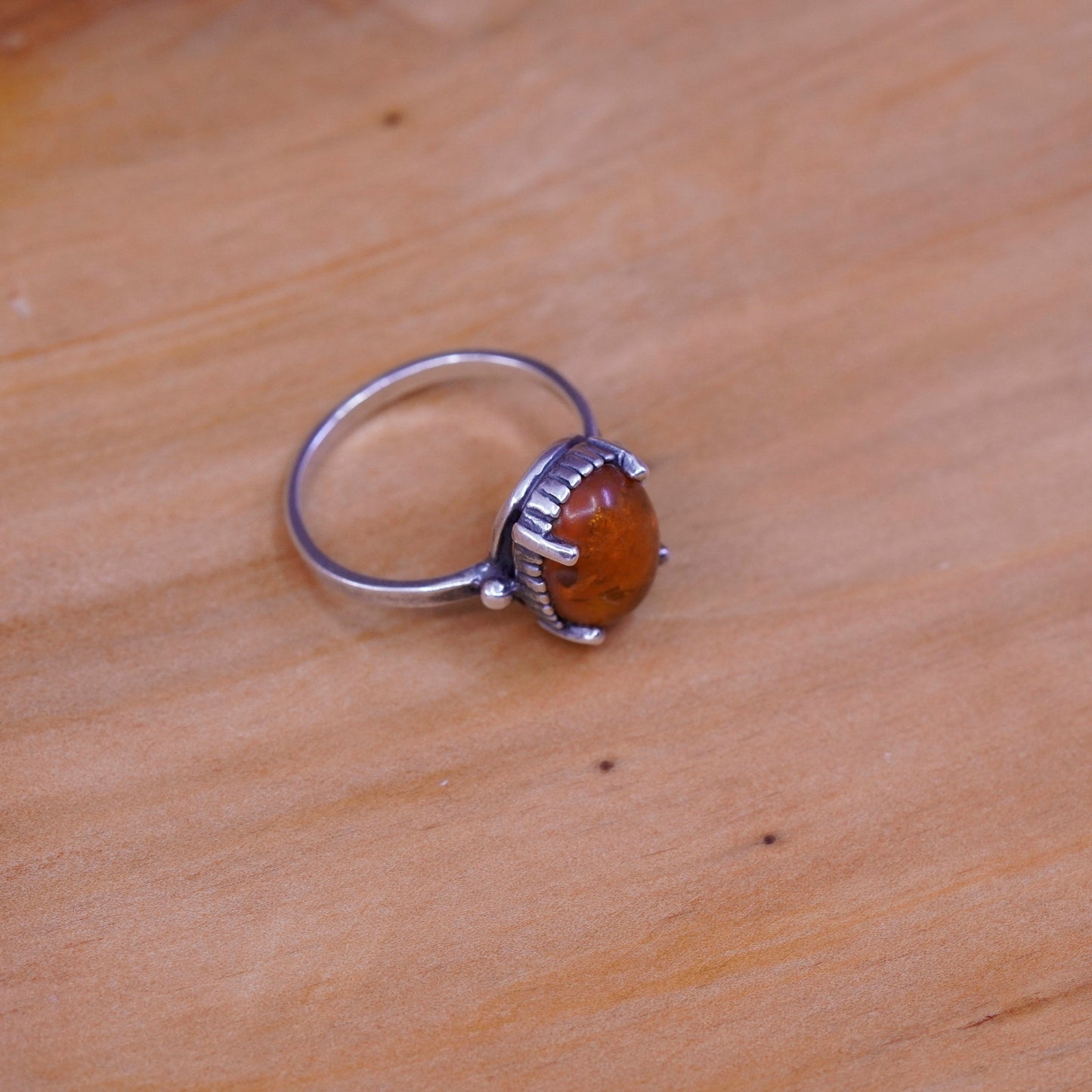 Size 8, vintage Sterling 925 silver handmade ring with oval amber