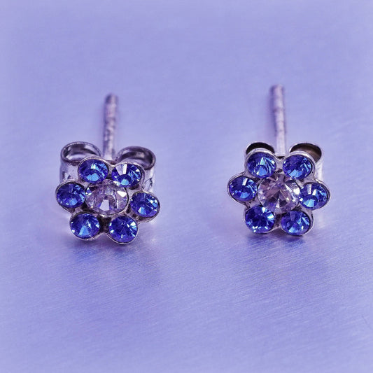 Vintage Sterling 925 silver earrings, flower studs with blue cz inlay