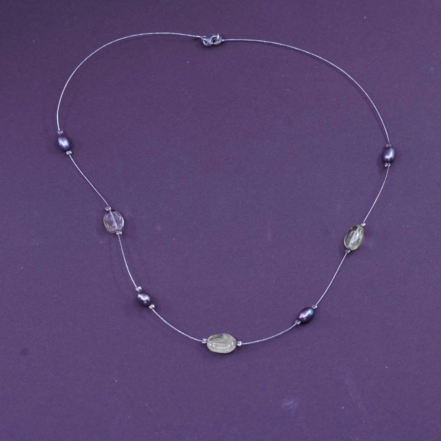 16”, vintage Sterling 925 silver handmade necklace with black pearl and crystal