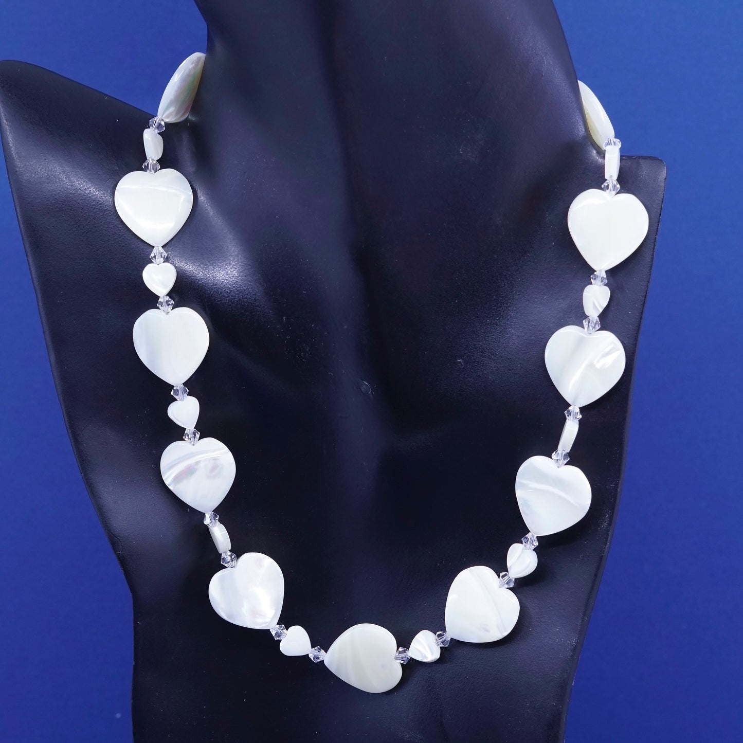 20”, vintage handmade necklace, mother of pearl heart with clear crystal