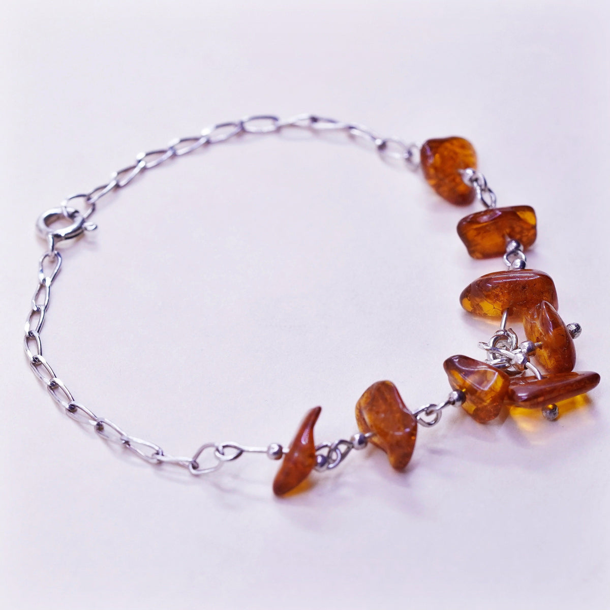 6.5”, Vintage sterling 925 silver handmade tennis bracelet with nugget amber