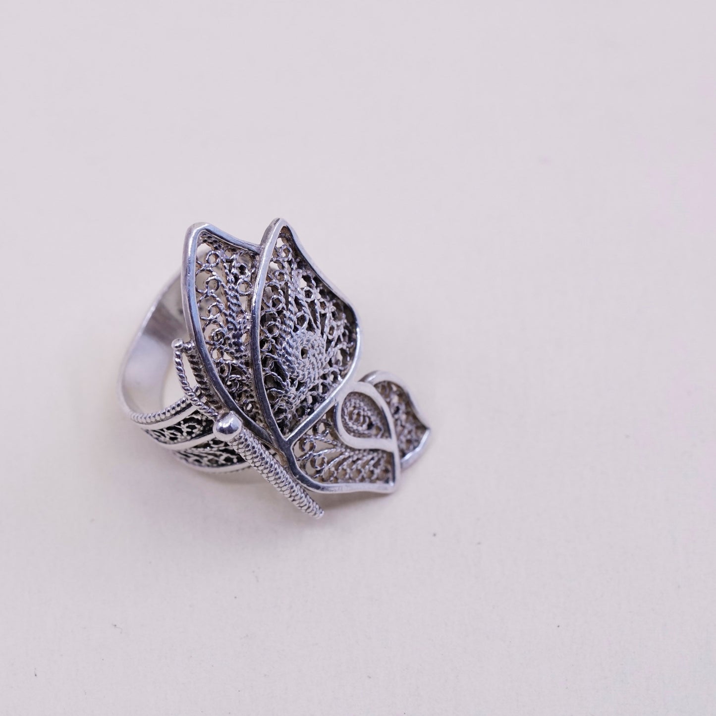 sz 7.25, Turkey DGS sterling silver handmade ring, 925 filigree butterfly band
