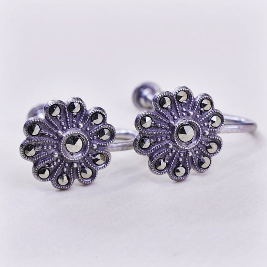 Vintage Sterling silver handmade earrings, 925 screw back flower with Marcasite