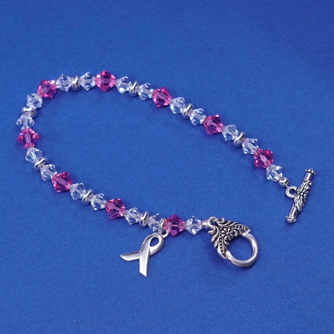 6.5”, vtg sterling silver handmade bracelet, 925 w/ pink crystal beads N toggle