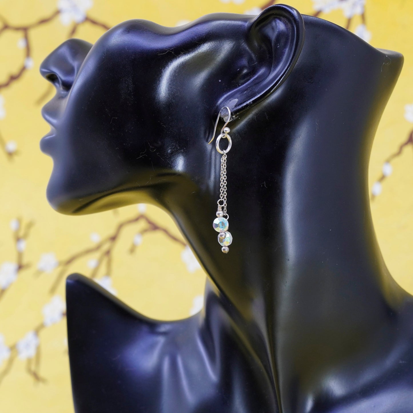 Vintage Sterling 925 silver handmade long earrings with crystal beads