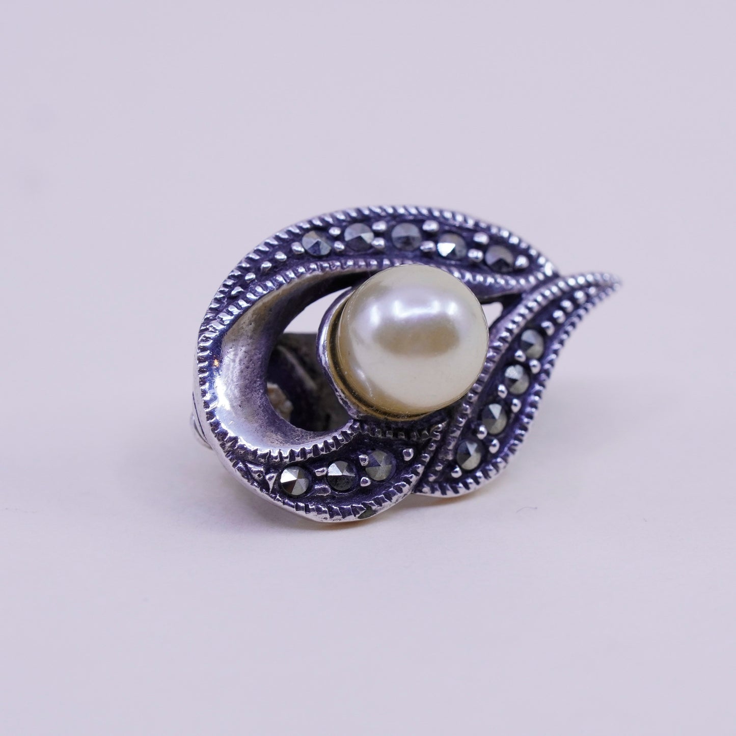 Sterling 925 silver handmade filigree clip on earrings with pearl and Marcasite