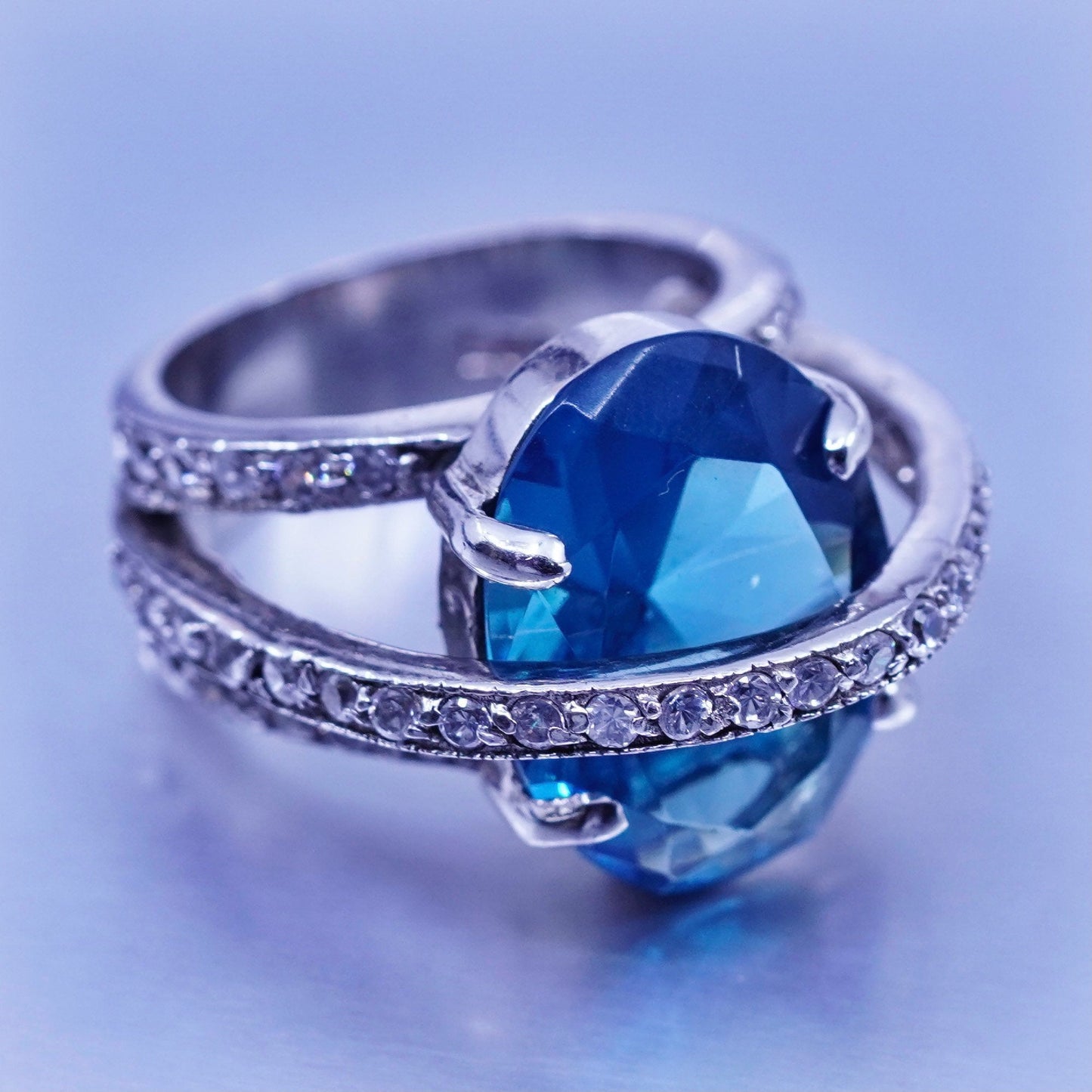 Size 6, vintage Sterling 925 silver handmade ring with topaz and cz around