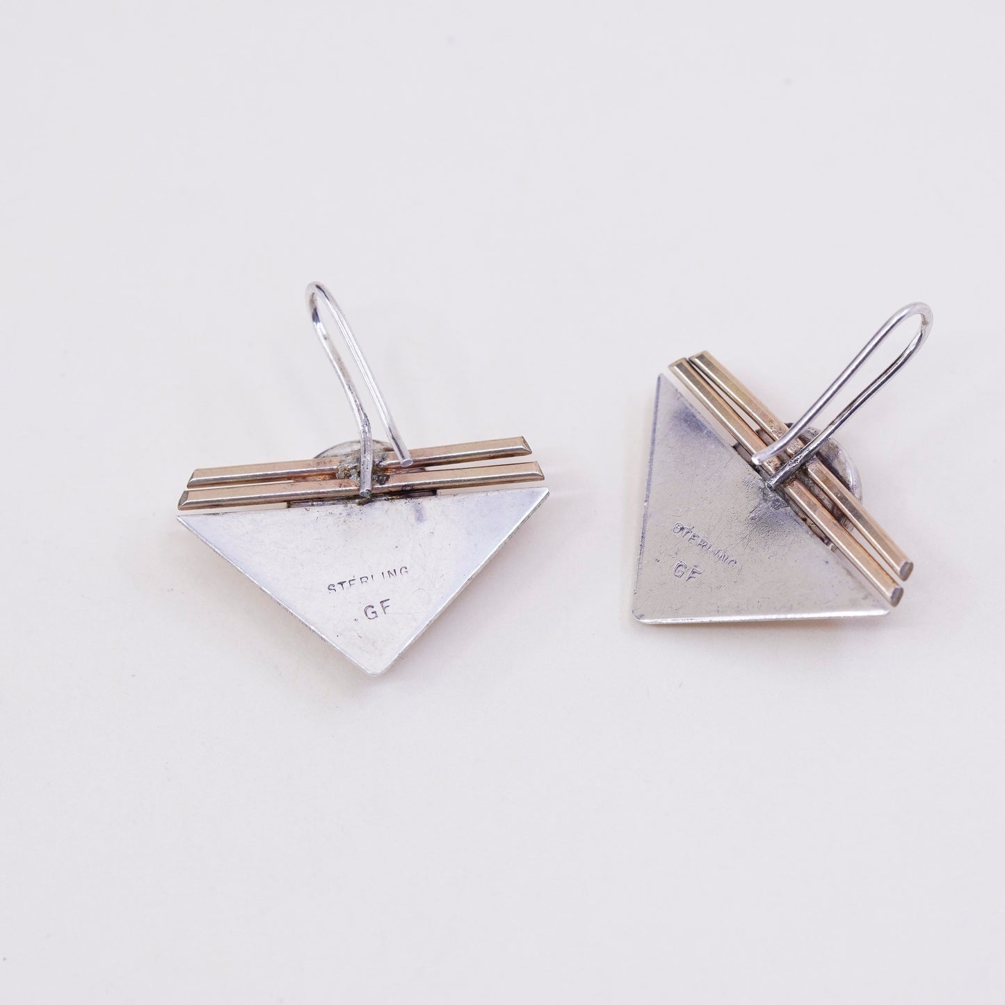 PJP gold filled sterling silver earrings, modern 925 disc w/ mother of pearl