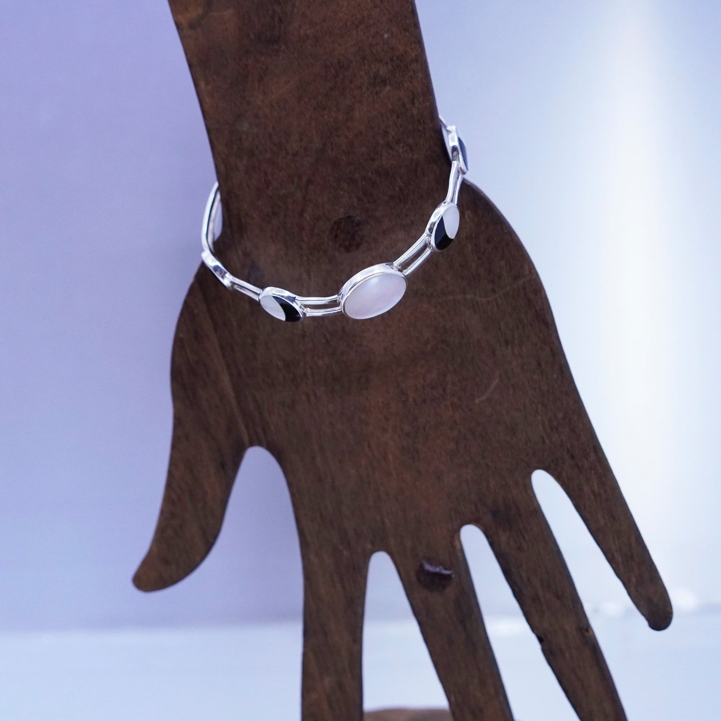 7.25”, Sterling 925 silver handmade bracelet, moon phases cuff mother of pearl