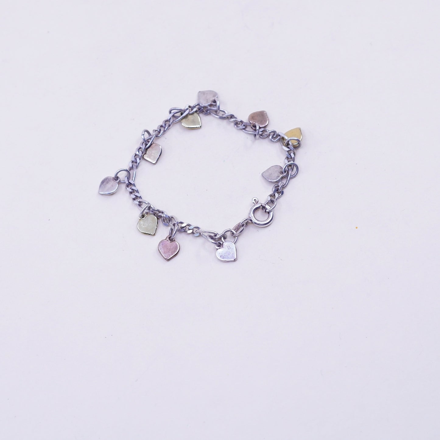 5.25”, Milor sterling silver bracelet 925 figaro chain triple tone heart charms