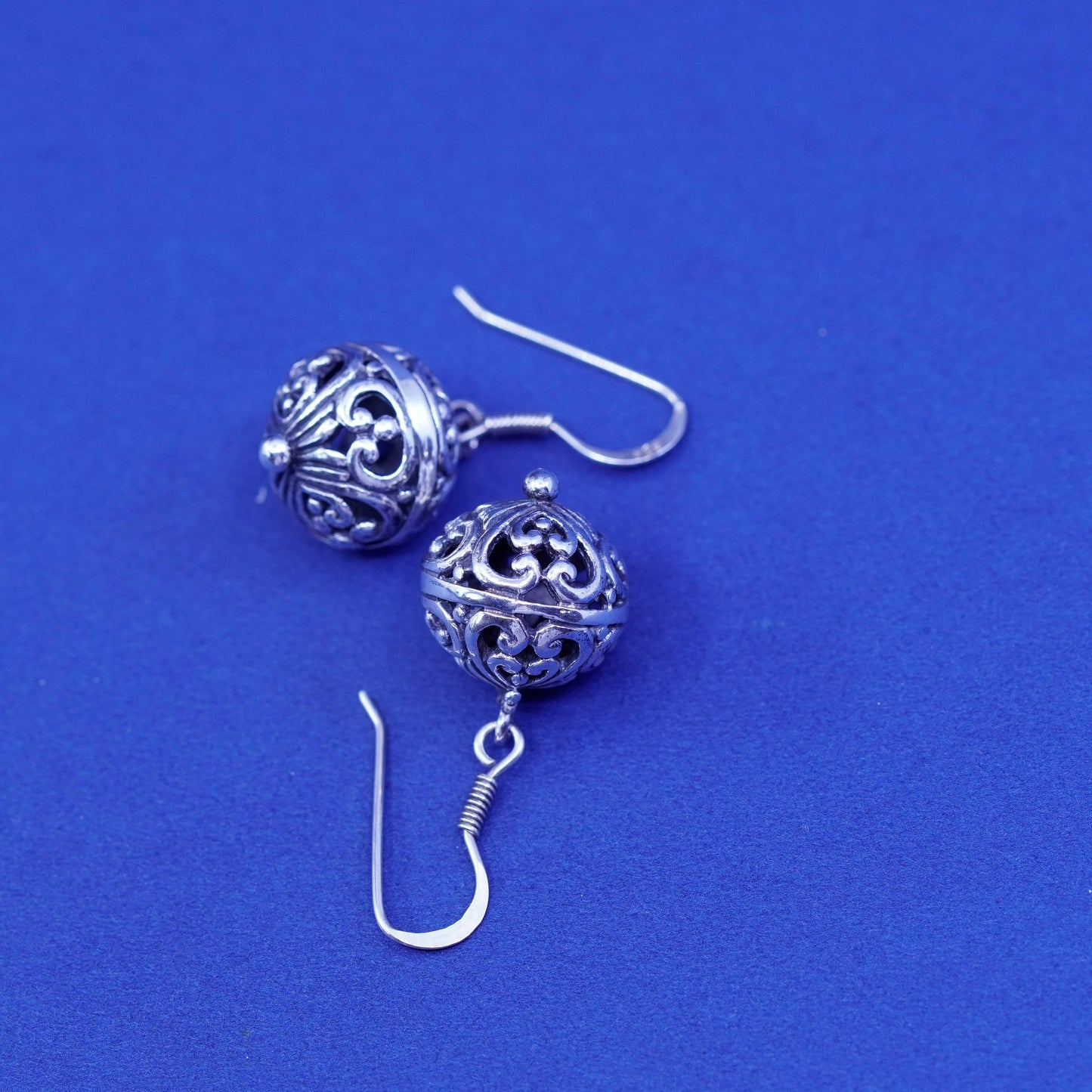 Vintage sterling silver handmade earrings, 925 filigree Bali drops