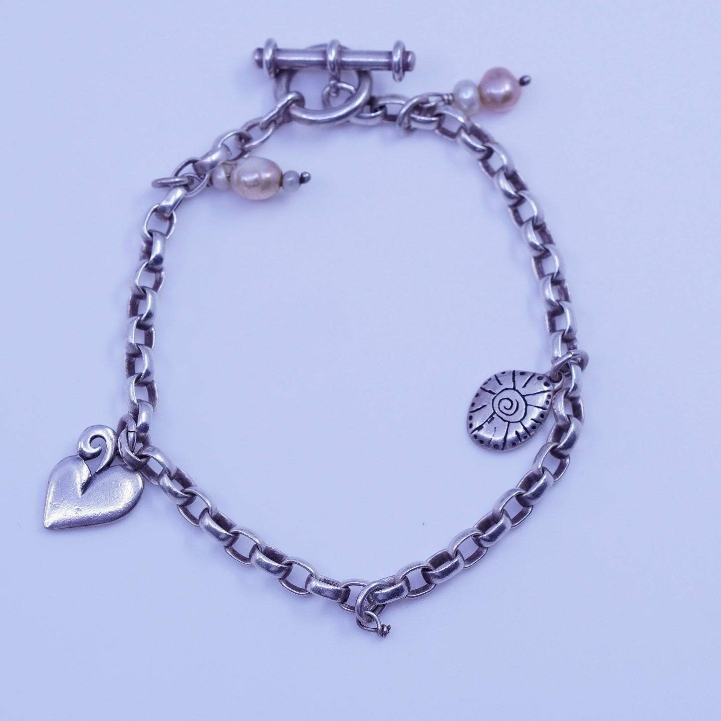 6.75”, AGAU Sterling silver bracelet, 925 bold circle chain heart pearl charms