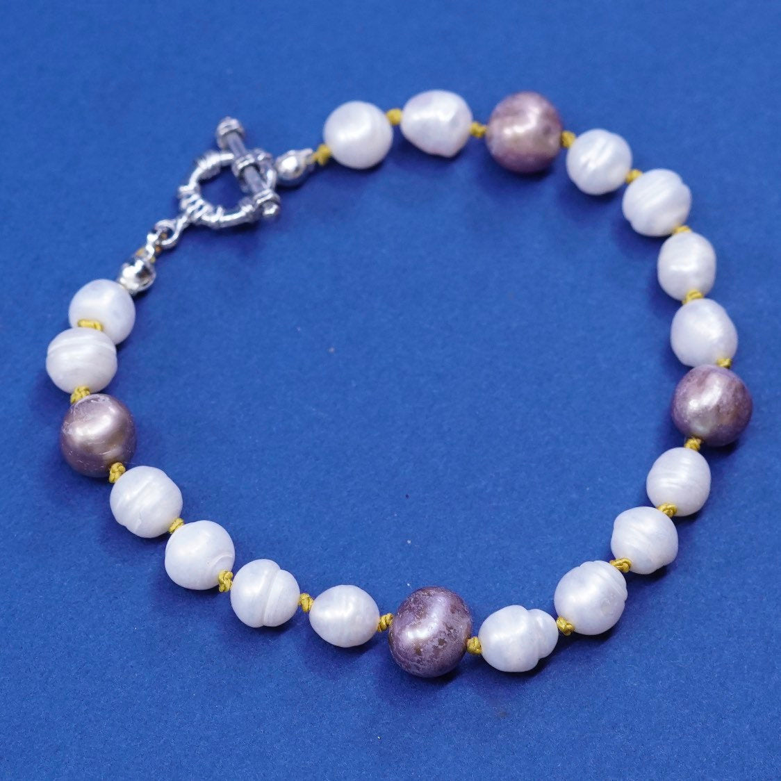 7", vtg sterling silver handmade bracelet, pearl w/ 925 toggle closure