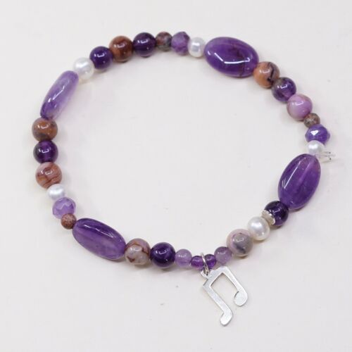 7”, Vtg Amethyst Elastic Bracelet W/ Pearl Beads N Sterling 925 Music Symbol