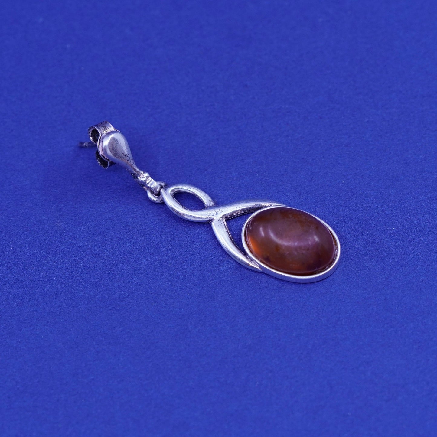 Vintage sterling 925 silver handmade earrings with oval amber