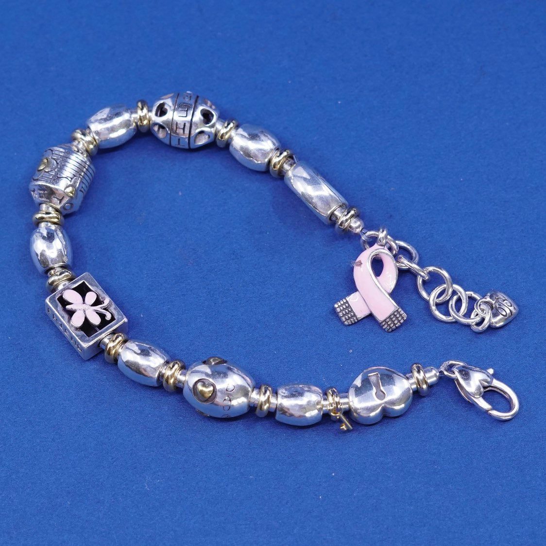 6.25+1”, vtg Brighton B Silver Tone bracelet, with heart charm “sister, mother