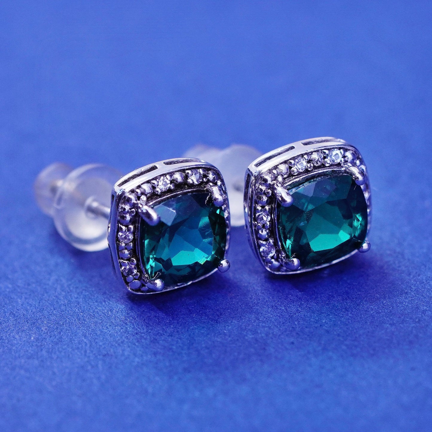 Vintage PM sterling silver handmade earrings, 925 studs with emerald and cz