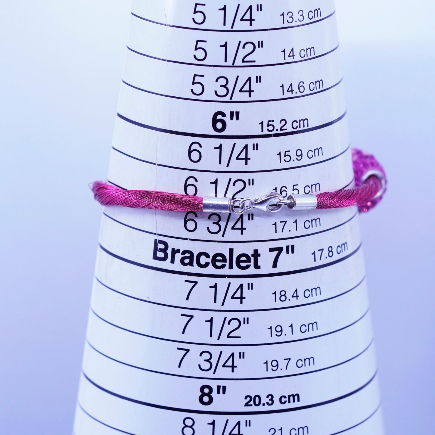 6.5”, vtg Sterling 925 silver handmade bracelet, pink silk thread chain bead